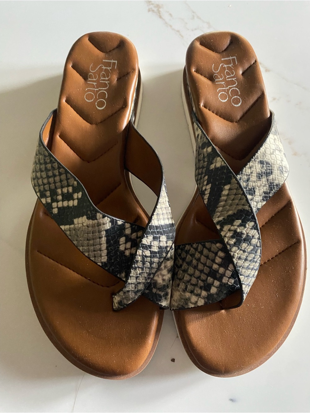 Franco Sarto Tan Brown Sandals with Black & Cream Snake-Print 7.5